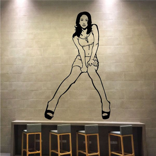 Woman in short skirt and heels wall decal, black line art figure