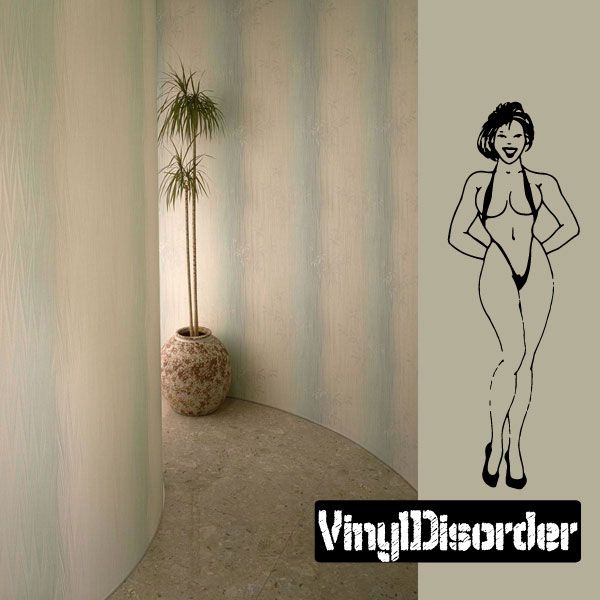 Sling bikini woman decal in black line art, full-body figure with hands on hips