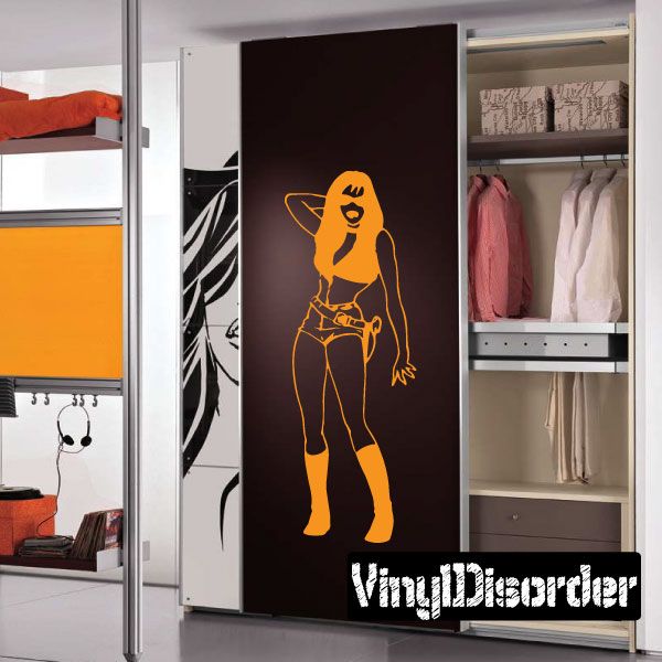 Wardrobe door decal of a woman in sunglasses with holstered-gun style line art