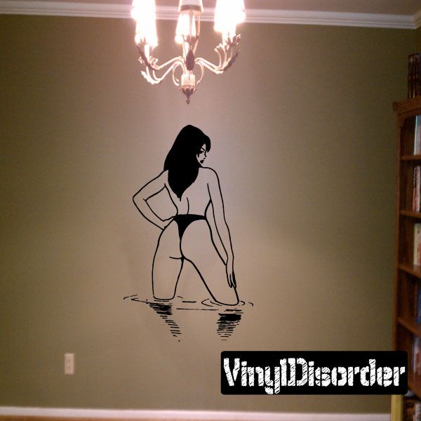 Bikini woman wall decal in black line art, standing pose