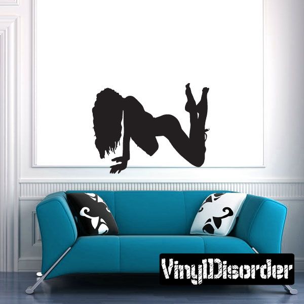 Black woman vest silhouette wall decal, crouching with one leg bent
