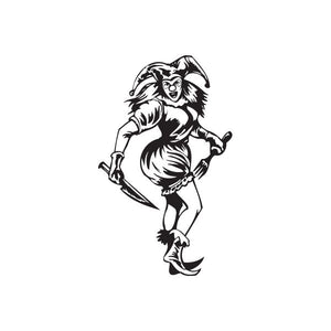 Jester woman decal with fork and knife, black-and-white illustration