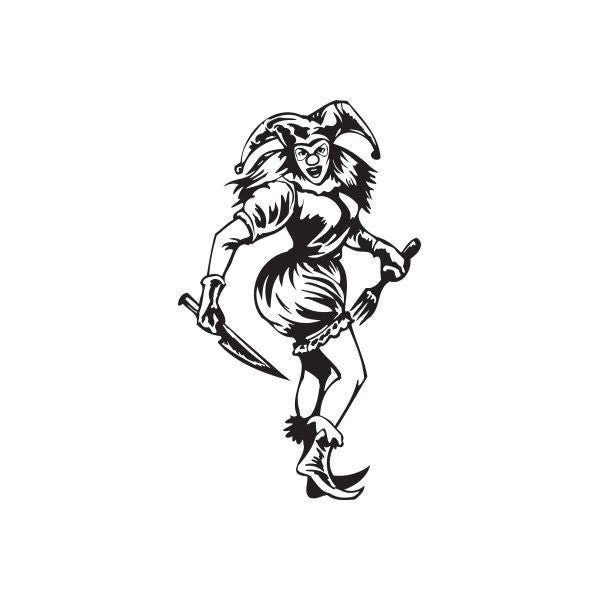 Jester woman decal with fork and knife, black-and-white illustration