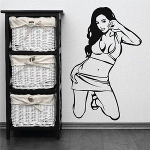 Bikini sarong decal of a woman with long hair, hand on face