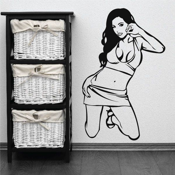 Bikini sarong decal of a woman with long hair, hand on face