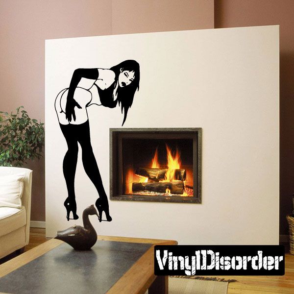 Black silhouette lingerie and high-heel woman leaning over wall decal