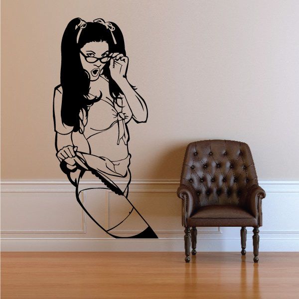 Woman lifting skirt wall decal in black line art, with glasses and high ponytail