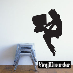 Woman at computer pinup silhouette wall decal, black