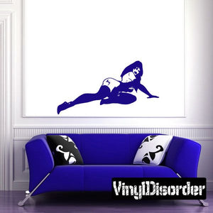 Blue lingerie woman wall decal in reclining pose