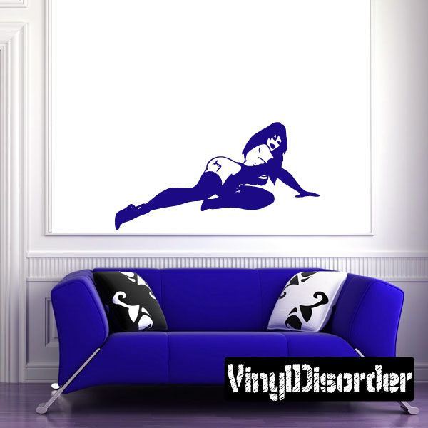 Blue lingerie woman wall decal in reclining pose