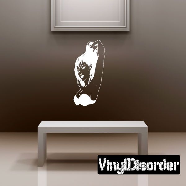 Pinup woman wall decal, white silhouette posing with one hand in her hair