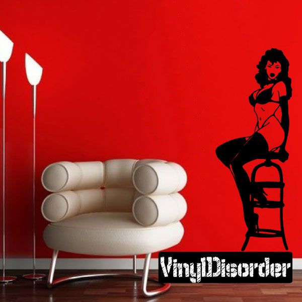 Pinup woman playing with hair wall decal, black silhouette.