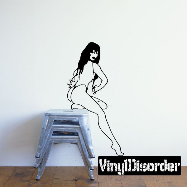 Woman silhouette sitting on stool, pulling off a bikini top