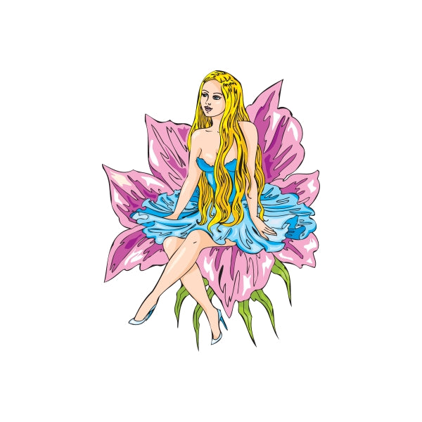 Fairy woman sticker, long blonde hair, sitting on pink and purple flower wings