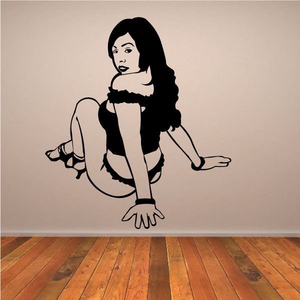 Frilly lingerie woman wall decal, seated pose with lace-trim top and panties