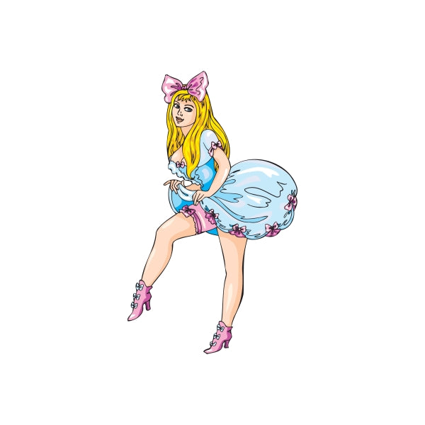 Woman with garter sticker, cartoon style, pink lingerie and stockings, blonde hair