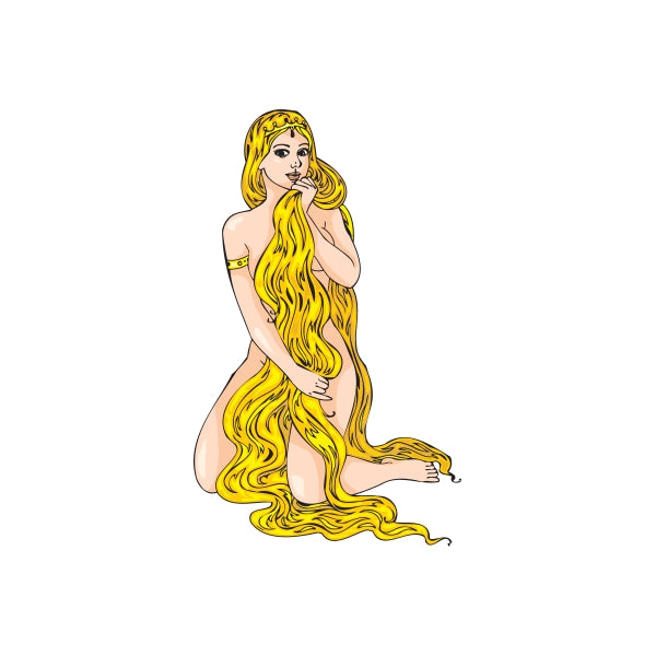 Kneeling cartoon woman sticker with long flowing blonde hair and yellow outfit