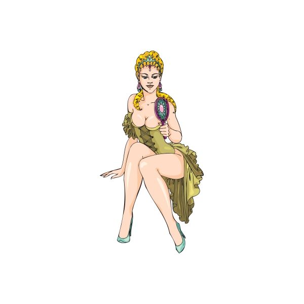 Illustrated woman sticker with oval mirror pendant, seated with long blond hair.