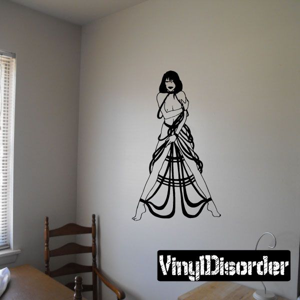 Woman in rope-style dress wall decal, black line art silhouette with long hair