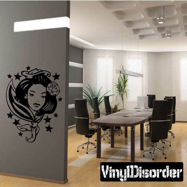 Woman with rose hair tattoo decal, black line art