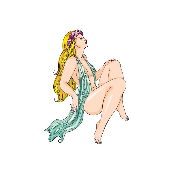 Woman with scarf sticker, illustrated seated nude woman with long yellow hair and teal scarf