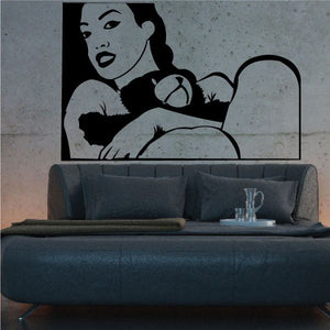Woman holding teddy bear decal, black and gray wall art in square frame