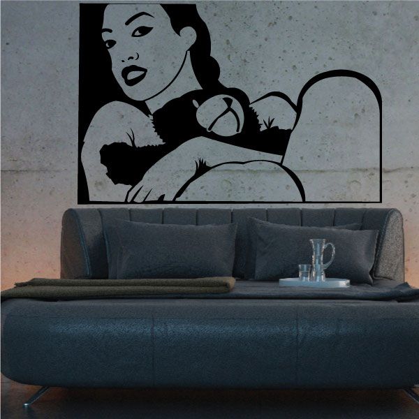 Woman holding teddy bear decal, black and gray wall art in square frame
