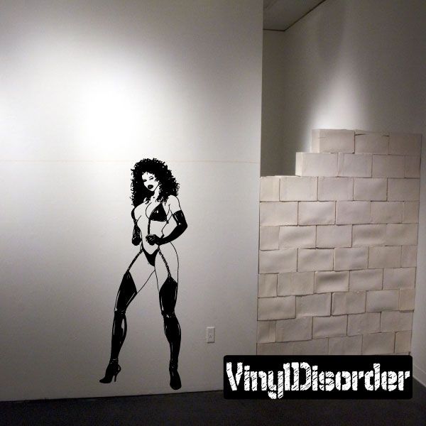 Woman bikini and high-heel decal, black silhouette with curly hair