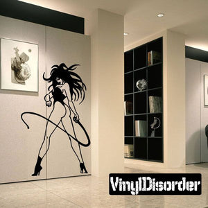 Woman with whip vinyl wall decal, black silhouette with curled whip lines