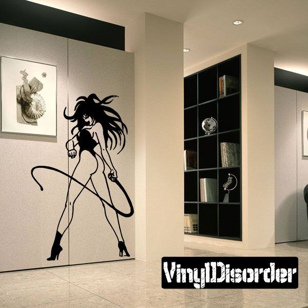 Woman with whip vinyl wall decal, black silhouette with curled whip lines