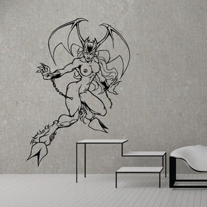 Black vinyl wall decal of winged anime female silhouette in dynamic pose
