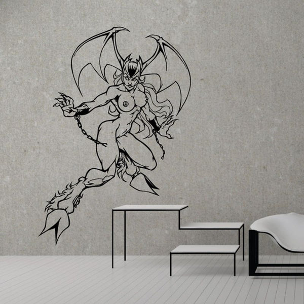 Black vinyl wall decal of winged anime female silhouette in dynamic pose
