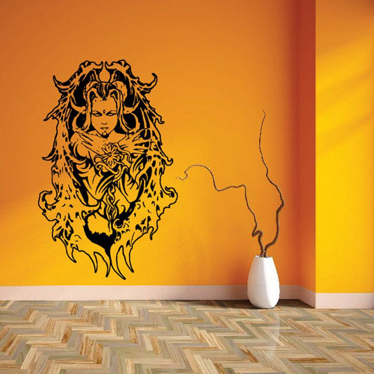 Women silhouette wall decal, black fantasy portrait with flowing hair