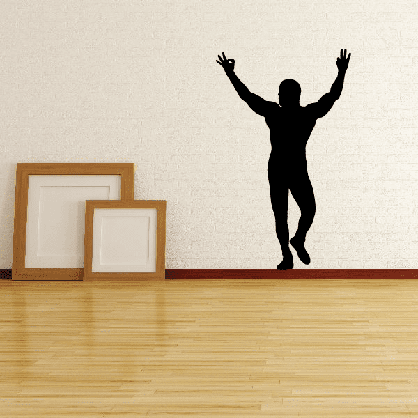 Women workout gym wall decal of black jumping female silhouette with arms up