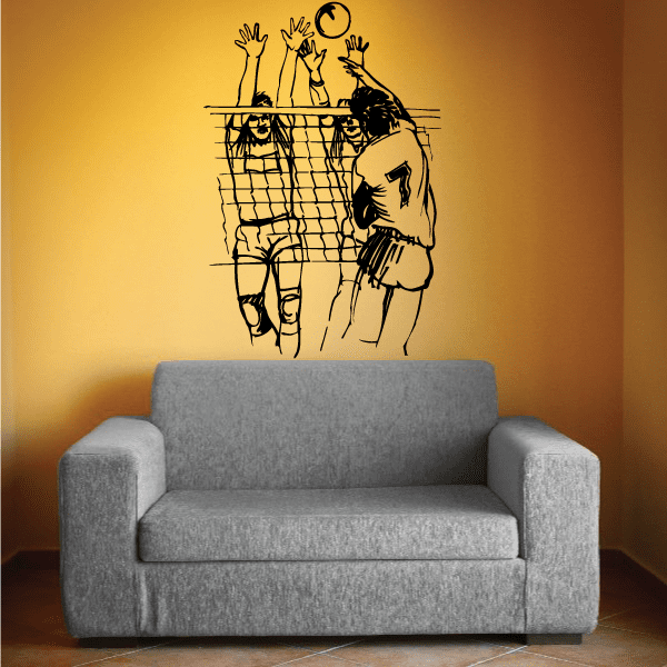 Volleyball wall decal of players at a net with ball outline, block style