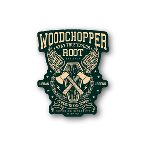 Vinyl sticker with Woodchopper logo, green and cream wings, swords and text