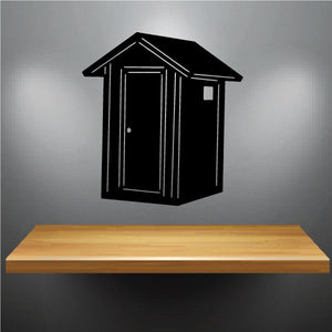 Black outhouse decal with door and side window, wooden frame lines