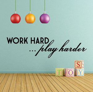 Wall decal with "WORK HARD... play harder" lettering, bulbs, and letter blocks