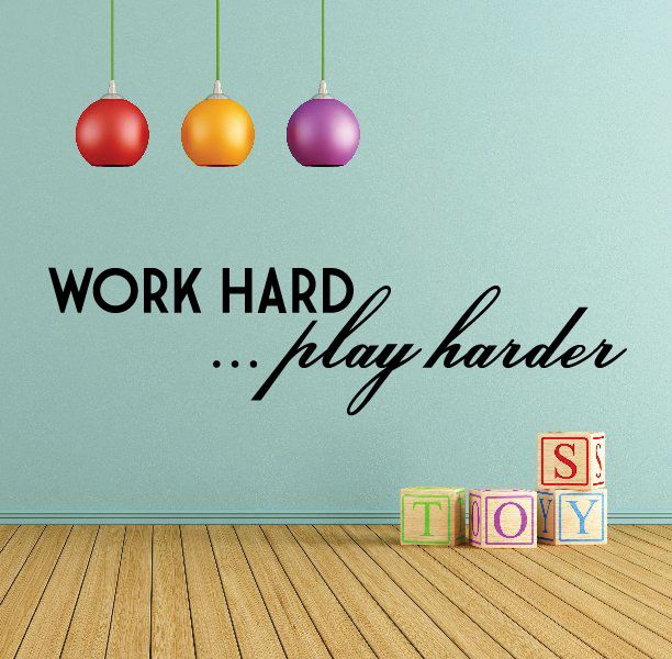Wall decal with "WORK HARD... play harder" lettering, bulbs, and letter blocks