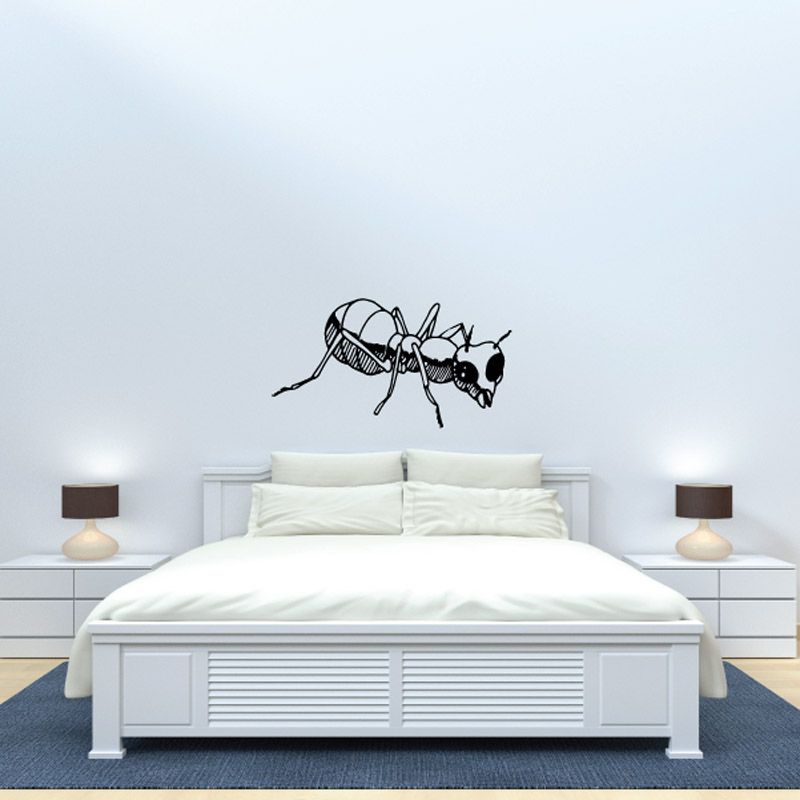 Worker ant decal, black and white line art of a crawling insect