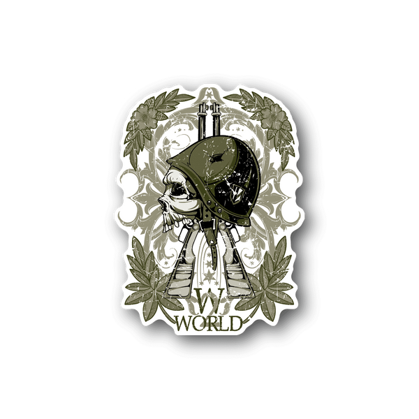 Vinyl sticker with WWII-style skull helmet design and laurel wreath, olive and white.