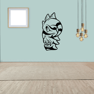 Worried demon mask decal, black and white cartoon face with curved horns