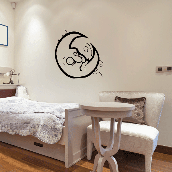 Worried moon wall decal, black line art moon with worried face