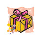 Wrapped gift sticker with bow, yellow boxes, and colorful confetti dots