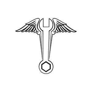 Wrench with wings decal, black outline line-art graphic