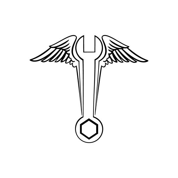 Wrench with wings decal, black outline line-art graphic