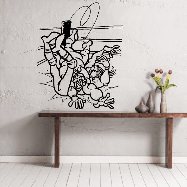 Wrestling wall decal, black line art of a jumping wrestler over roped ring