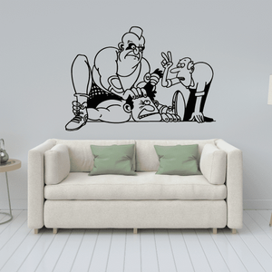 Wrestler pull-hair cartoon wall decal, black outline line art
