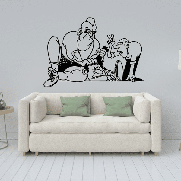 Wrestler pull-hair cartoon wall decal, black outline line art