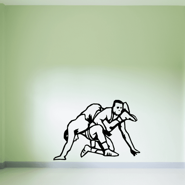 Wrestler wall decal with two grappling wrestlers in black outline
